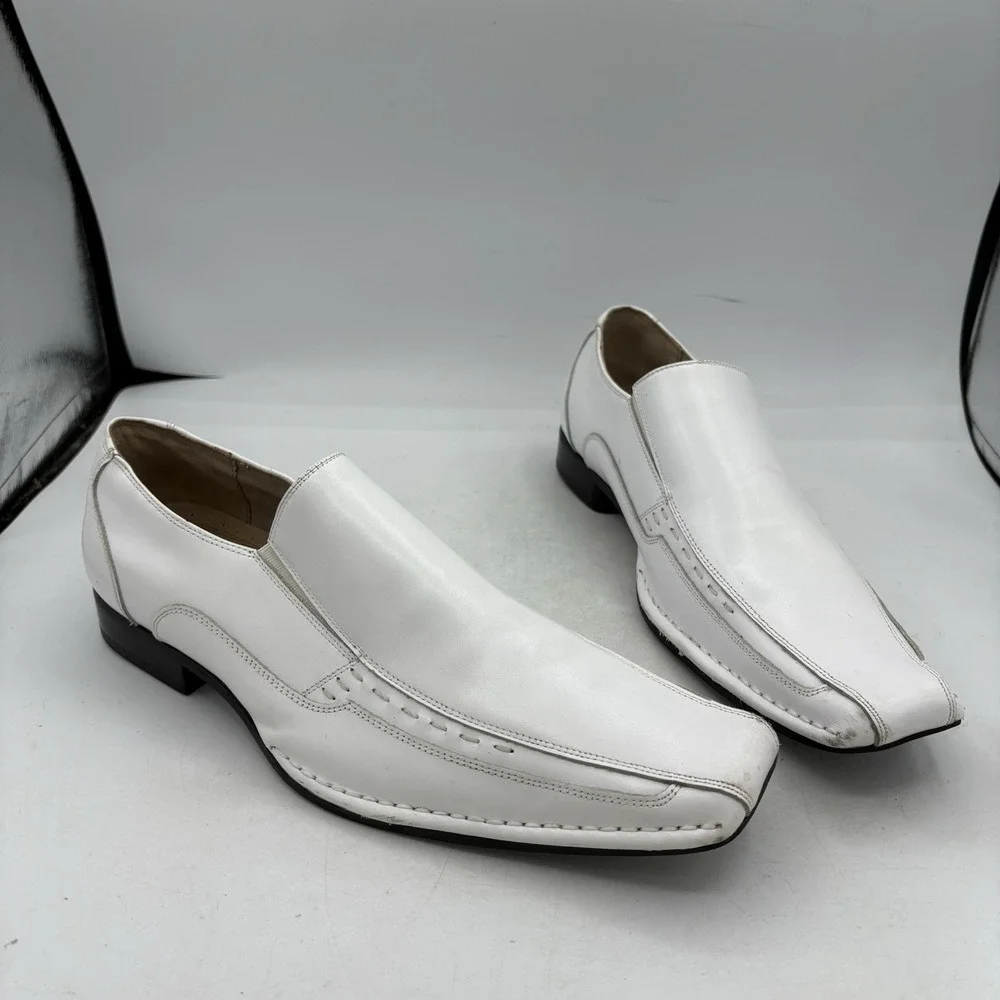 Stacy Adams Dress Shoes Mens Size 7.5 Templin Bike Toe White Leather Loafers